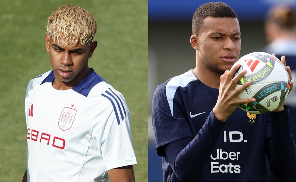 Lamine Yamal y Kylian Mbappé en entrenamiento con España y Francia, respectivamente - Fotos: EFE y AFP