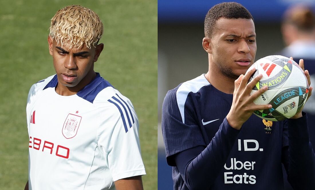 Lamine Yamal y Kylian Mbappé en entrenamiento con España y Francia, respectivamente - Fotos: EFE y AFP