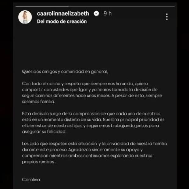 Con esta publicación Carolina Elizabeth anunció su separación de Igor Lichnovsky. Foto: Especial