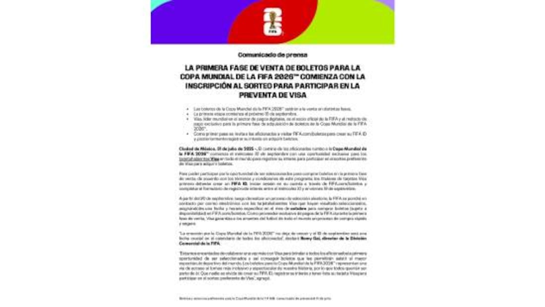 Este es el comunicado que lanzó FIFA para el inicio de boletos de la Copa del Mundo. Foto: Especial