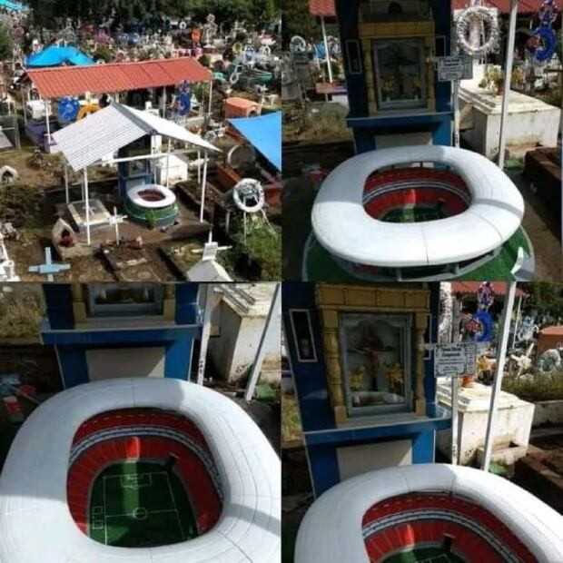 La tumba del aficionado de Chivas con la réplica del estadio se ubica en San Juan Nuevo Parangaricutiro, Michoacán. Foto: Especial