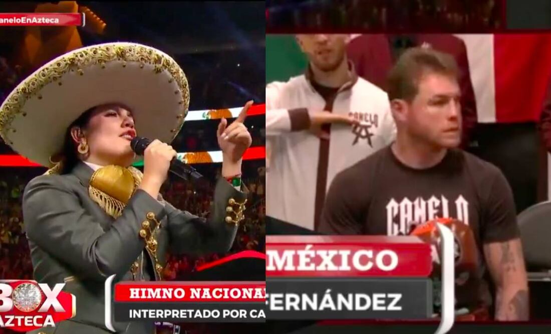 Canelo Álvarez no pudo esconder su asombro cuando Camila Fernández se equivocó en la entonación del himno nacional. Foto: Especial