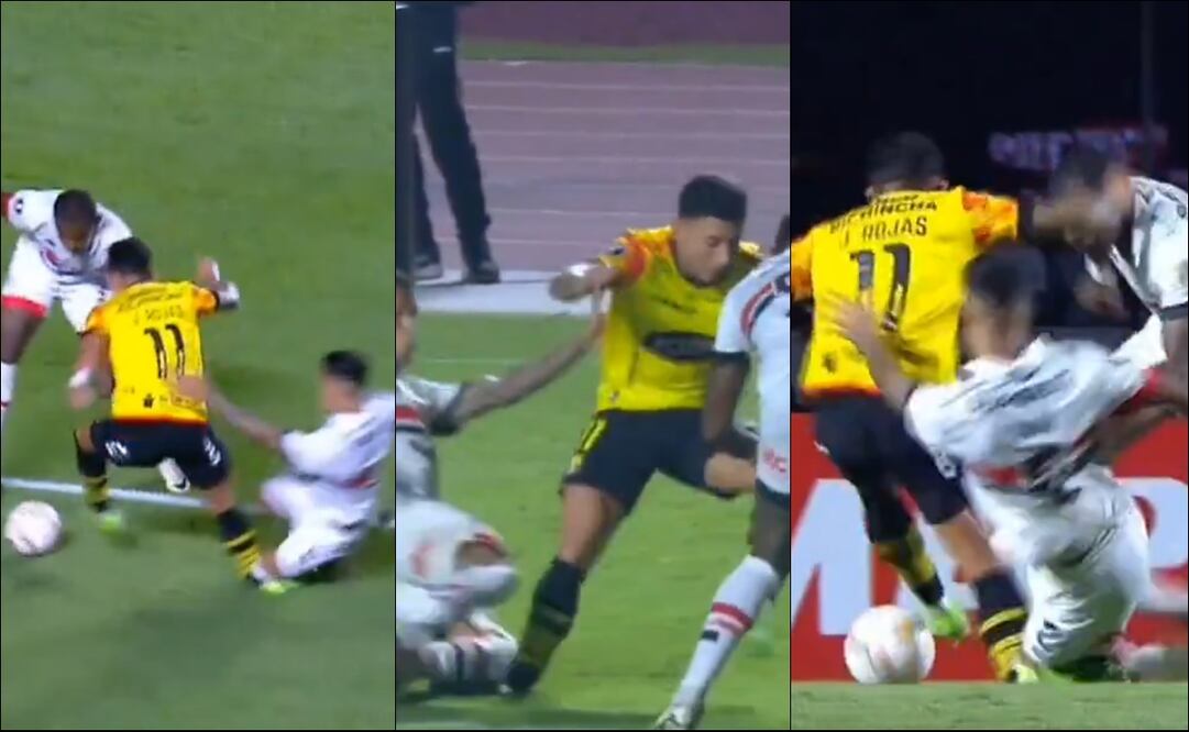 Joao Rojas recibe una dura entrada de parte de Igor Vinícius, del Sao Paulo. FOTO: Capturas