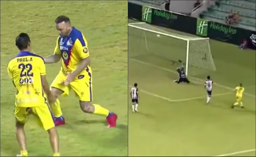 Matías Vuoso baila con Paul Aguilar tras anotar a las Leyendas de las Chivas. FOTO: Capturas