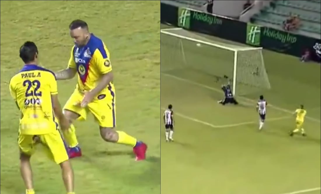 Matías Vuoso baila con Paul Aguilar tras anotar a las Leyendas de las Chivas. FOTO: Capturas