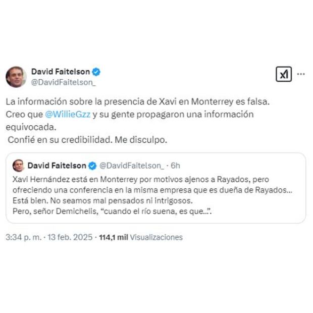 Con esta publicación David Faitelson culpó a Willie González se su error con la información de Xavi Hernández en Monterrey. Foto: Especial