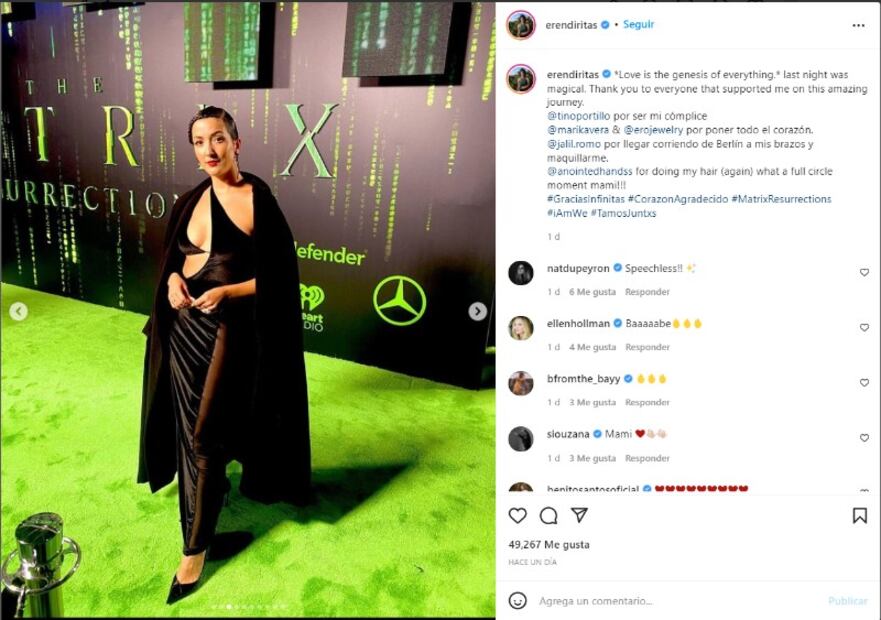Eréndira Ibarra lució vestido escotado en la premiere de "The Matrix"