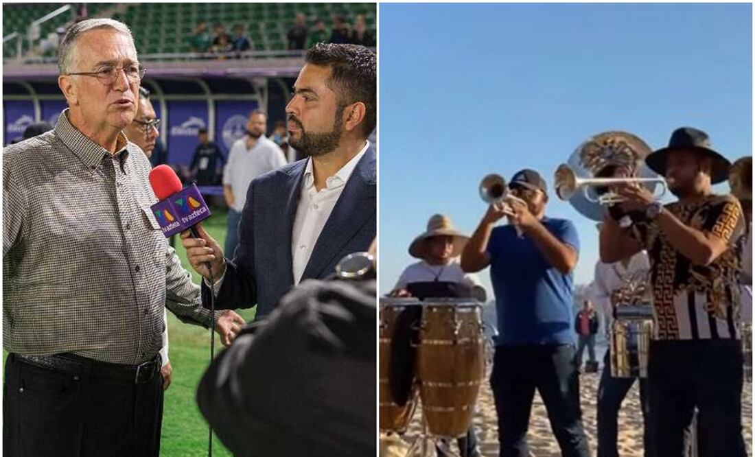 Ricardo Salinas en Estadio Kraken de Mazatlán y agrupación de banda en playas de Sinaloa / FOTO: Twitter @MazatlanFC y Especial