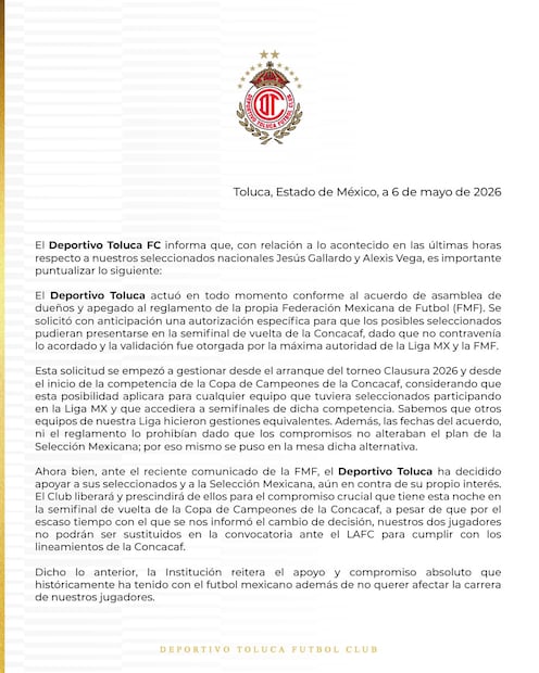 Comunicado de Toluca - Foto: @TolucaFC en X