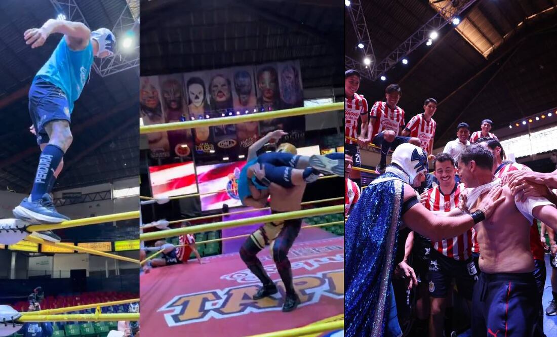 El Piojo Alvarado se aventó desde la tercera cuerda en la foto oficial de las Chivas. Foto: Especial