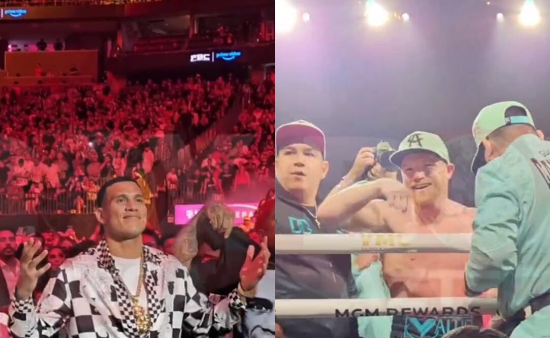 Saúl 'Canelo' Álvarez provocando a David Benavidez, que estaba en la T-Mobile Arena / FOTOS: Capturas