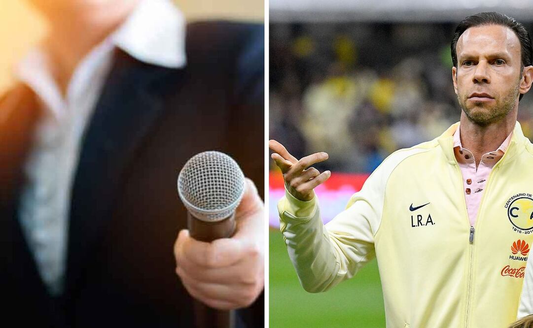 Periodista con micrófono y Zague enojado con la sudadera del América / FOTOS: Imago7 y Especial