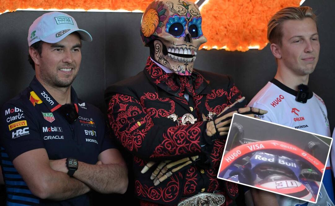 Sergio Pérez y Liam Lawson, durante una de las actividades previas a la carrera del GP de México. FOTO: AFP / Captura