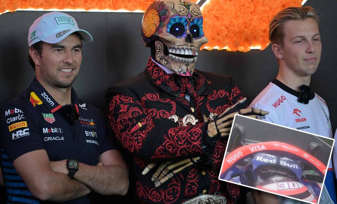 Sergio Pérez y Liam Lawson, durante una de las actividades previas a la carrera del GP de México. FOTO: AFP / Captura