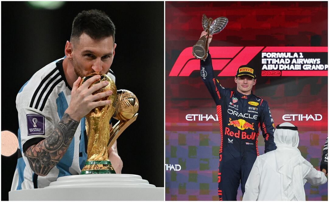 Lionel Messi con la Copa del Mundo y Max Verstappen luego de ganar el GP de Abu Dhabi / FOTOS: AFP y AP