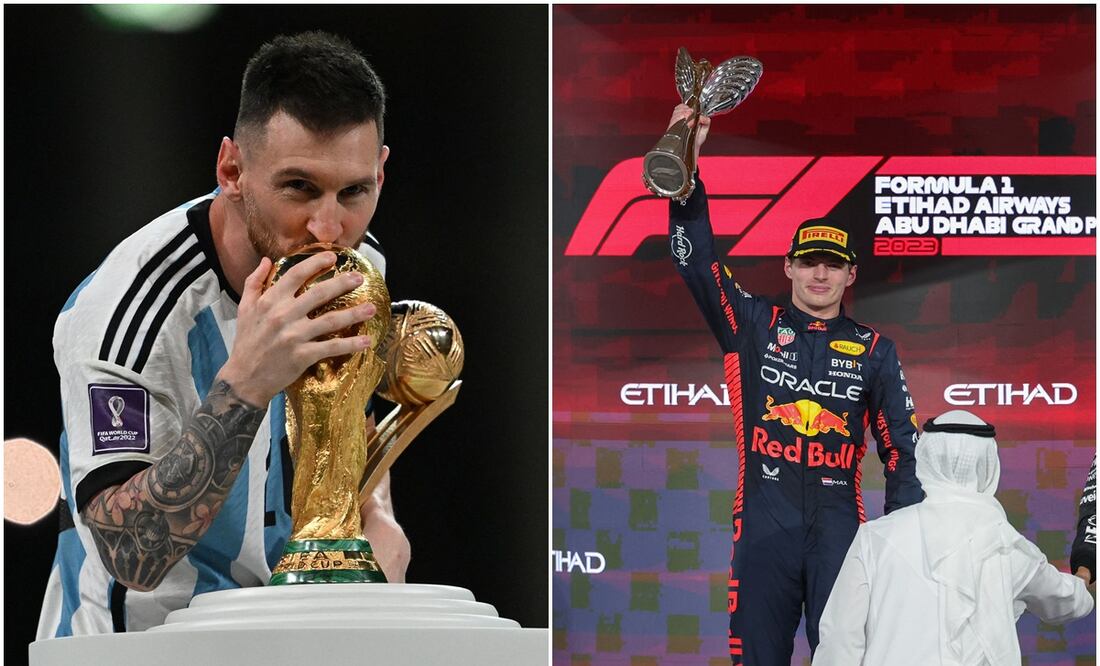 Lionel Messi con la Copa del Mundo y Max Verstappen luego de ganar el GP de Abu Dhabi / FOTOS: AFP y AP