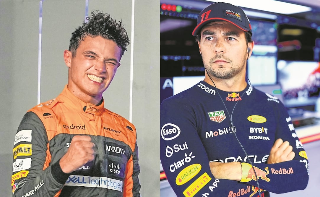 Lando Norrris celebrando y Checo Pérez enojado en el paddock de Red Bull / FOTOS: AP y El Universal