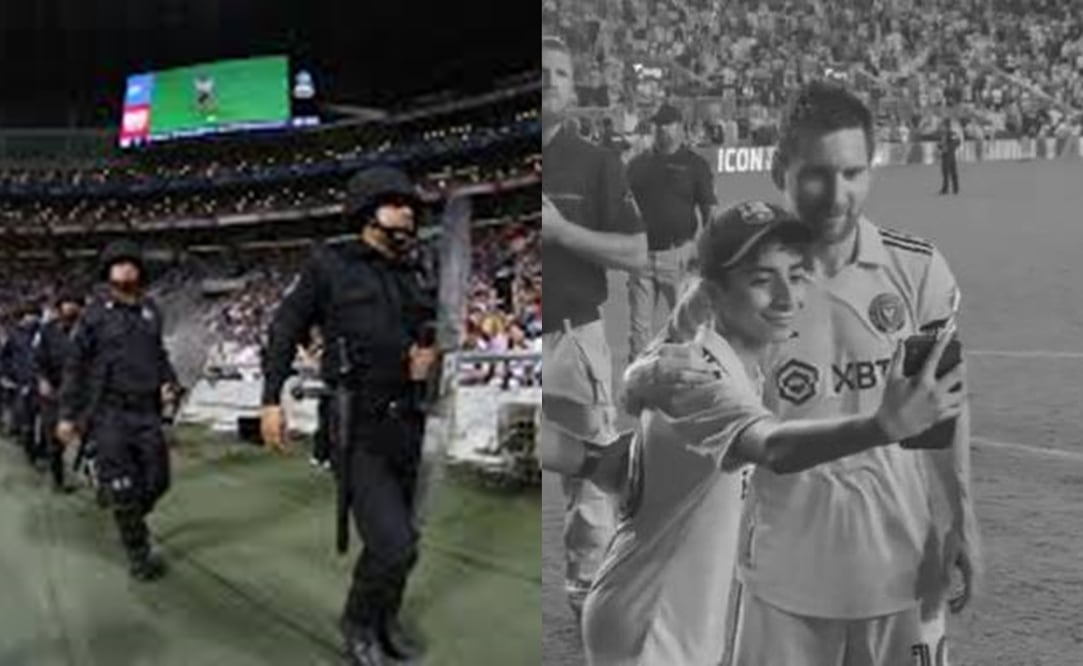 Elementos de seguridad en el Estadio BBVA y Messi con aficionado del Inter de Miami en la cancha / FOTOS: Capturas