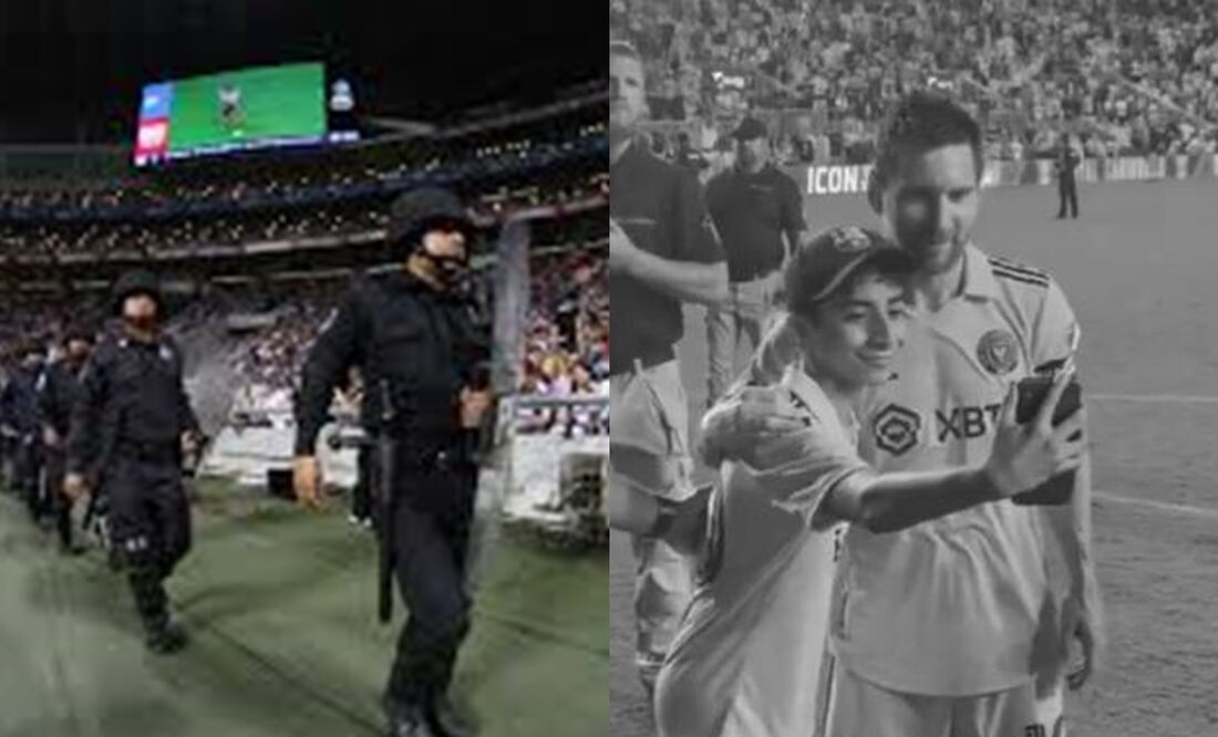 Elementos de seguridad en el Estadio BBVA y Messi con aficionado del Inter de Miami en la cancha / FOTOS: Capturas