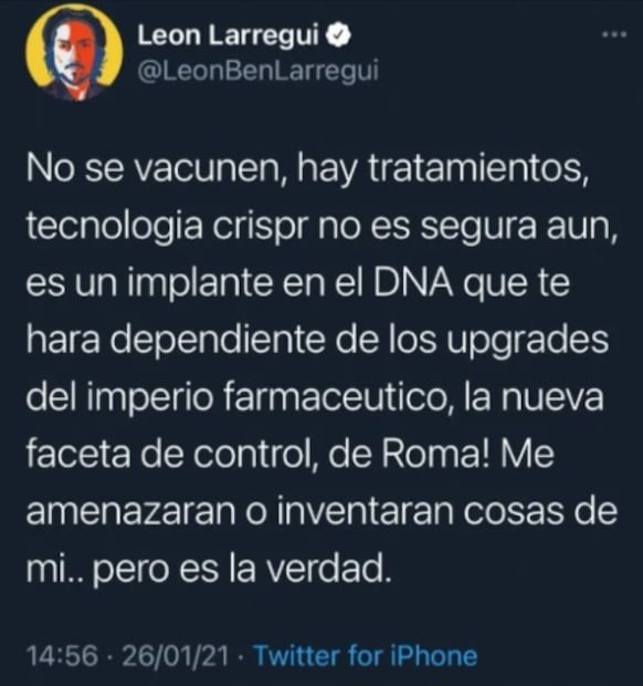 Twitter elimina a León Larregui por ser antivacuna Covid-19