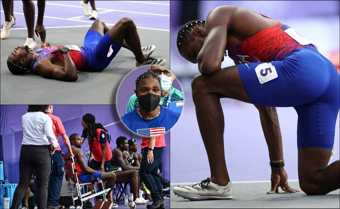 Noah Lyles terminó tendido sobre la pista violeta del Estadio de Francia. FOTOS: AP / AFP