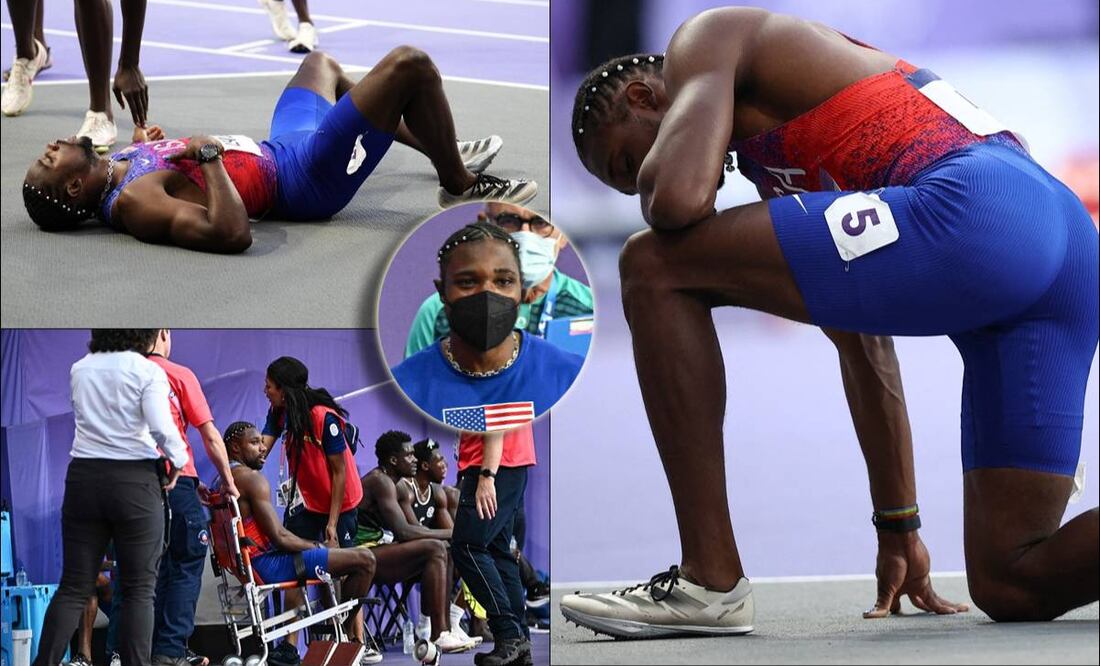 Noah Lyles terminó tendido sobre la pista violeta del Estadio de Francia. FOTOS: AP / AFP