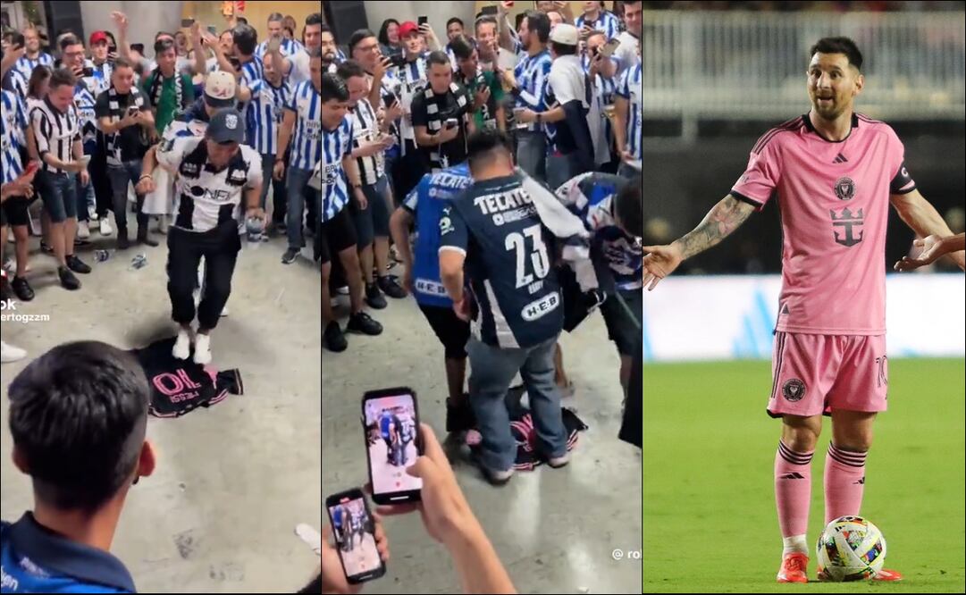 Aficionados del Monterrey bailan sobre la playera de Lionel Messi. FOTOS: Carlos Mejía / Capturas