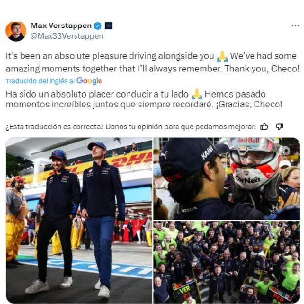 Max Verstappen dedicó un emotivo mensaje a Checo Pérez tras su salida de Red Bull. Foto: Especial