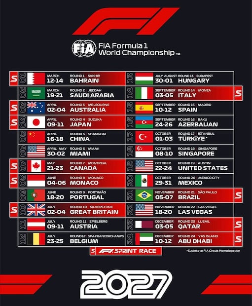 Calendario F1 temporada 2027 / Foto: @F1 Instagram