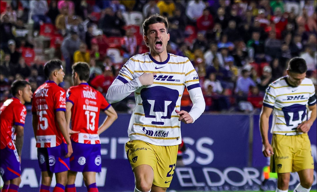 Ignacio Pussetto celebra el primer gol de los Pumas en contra de Atlético de San Luis. FOTO: Imago7