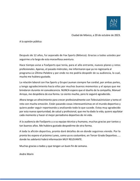 André Marín dio su versión de su salida de Fox Sports mediante un comunicado. Foto: Especial