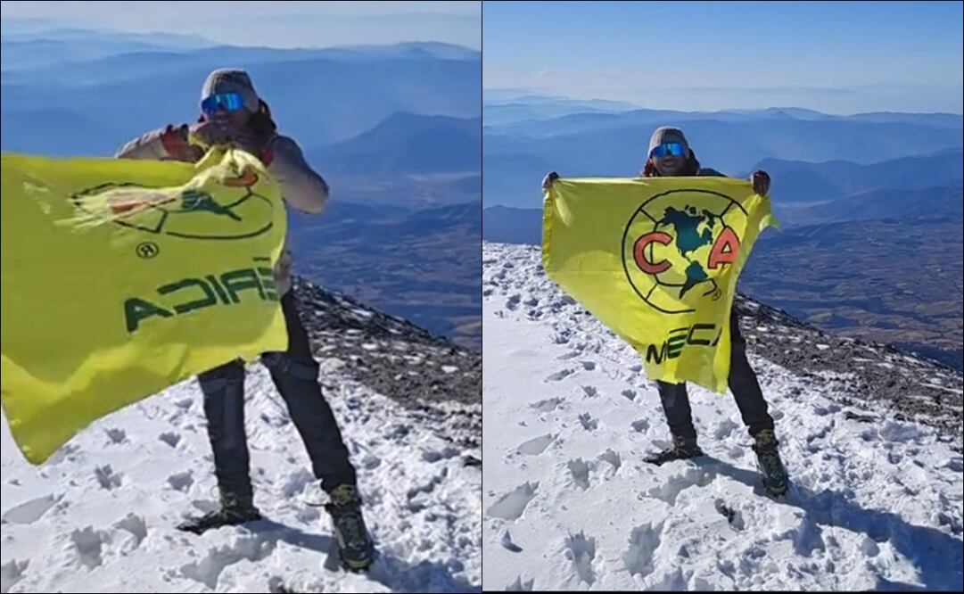 El aficionado azulcrema presumió la bandera de las Águilas en la cima del Pico de Orizaba. FOTOS: Capturas