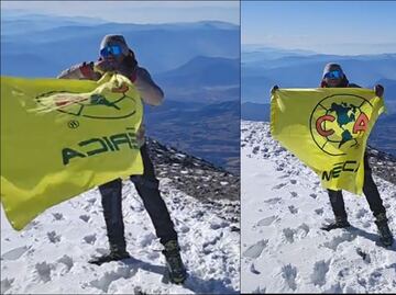 Aficionado de las Águilas celebra el tricampeonato con la bandera azulcrema en el Pico de Orizaba
