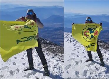 Aficionado de las Águilas celebra el tricampeonato con la bandera azulcrema en el Pico de Orizaba