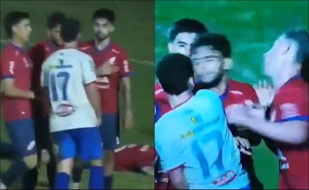 El jugador visitante Mario González, del Soriano Capital, desató el caos tras dar un golpe a la mandíbula de Enzo Echeveste, del Paysandú Interior. FOTO: Capturas