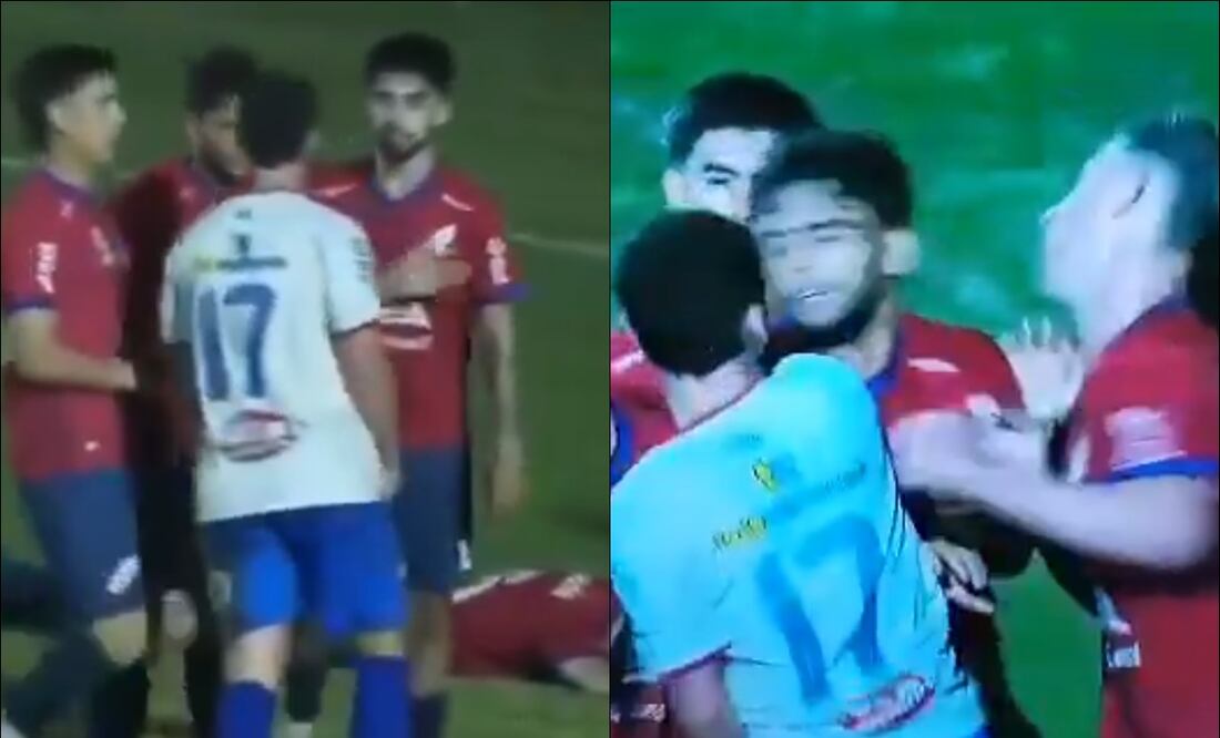 El jugador visitante Mario González, del Soriano Capital, desató el caos tras dar un golpe a la mandíbula de Enzo Echeveste, del Paysandú Interior. FOTO: Capturas