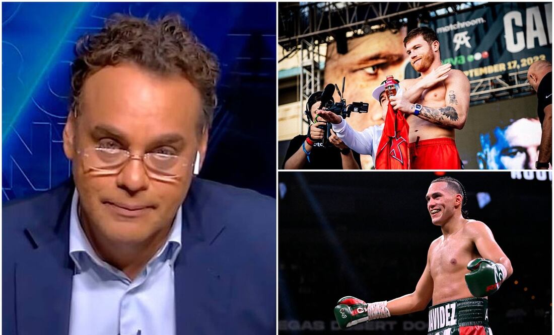 Faitelson en ESPN, Canelo y Benavidez en pesaje y pelea, respectivamente / FOTOS: Captura, AP y AFP