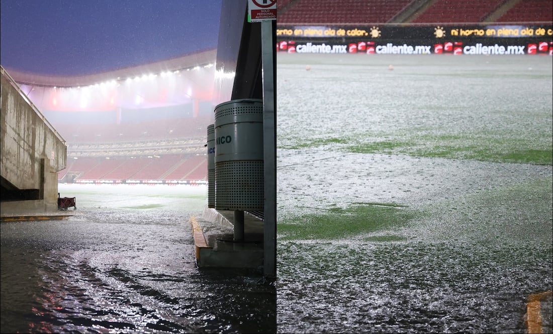 Así lució el Estadio Akron durante la tormenta que se desató antes del partido Chivas vs Tigres de la J1 del Apertura 2025. FOTO: Imago7