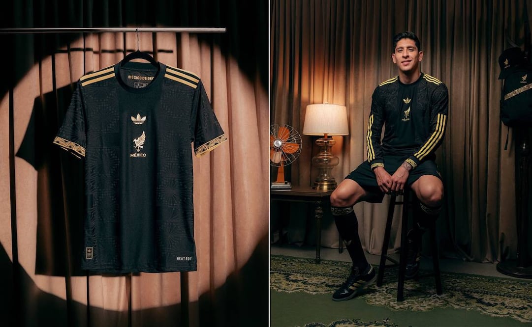 Edson Álvarez fue el modelo de México en la presentación de la nueva playera negra con dorado del Tri. Foto: Especial