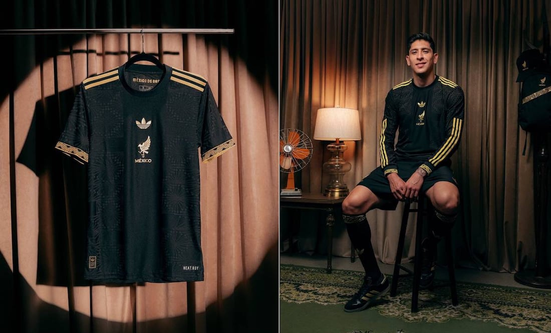 Edson Álvarez fue el modelo de México en la presentación de la nueva playera negra con dorado del Tri. Foto: Especial