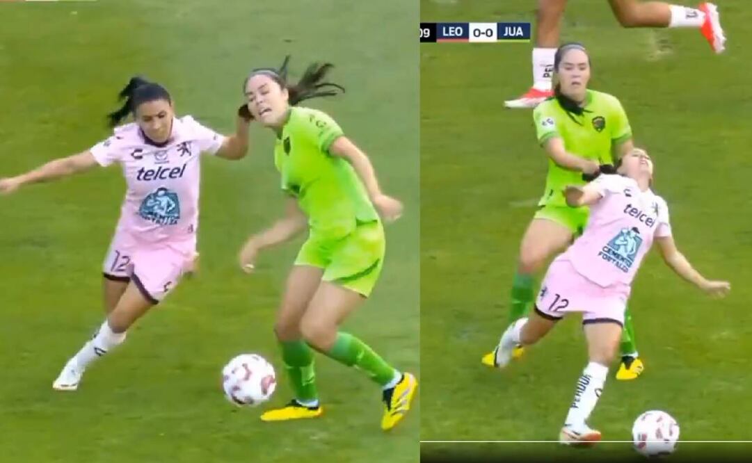 Blanca Solís, jugadora de Juárez y Lixy Rodríguez, de León, se jalaron el cabello buscando el balón. Foto: Especial