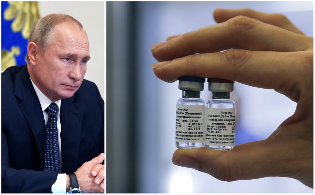 El presidente ruso, Vladimir Putin y la vacuna rusa contra el coronavirus. (Fotos: Alexei Nikolsky, vía AP y Alexander Zemlianichenko Jr/ Russian Direct Investment Fund vía AP)