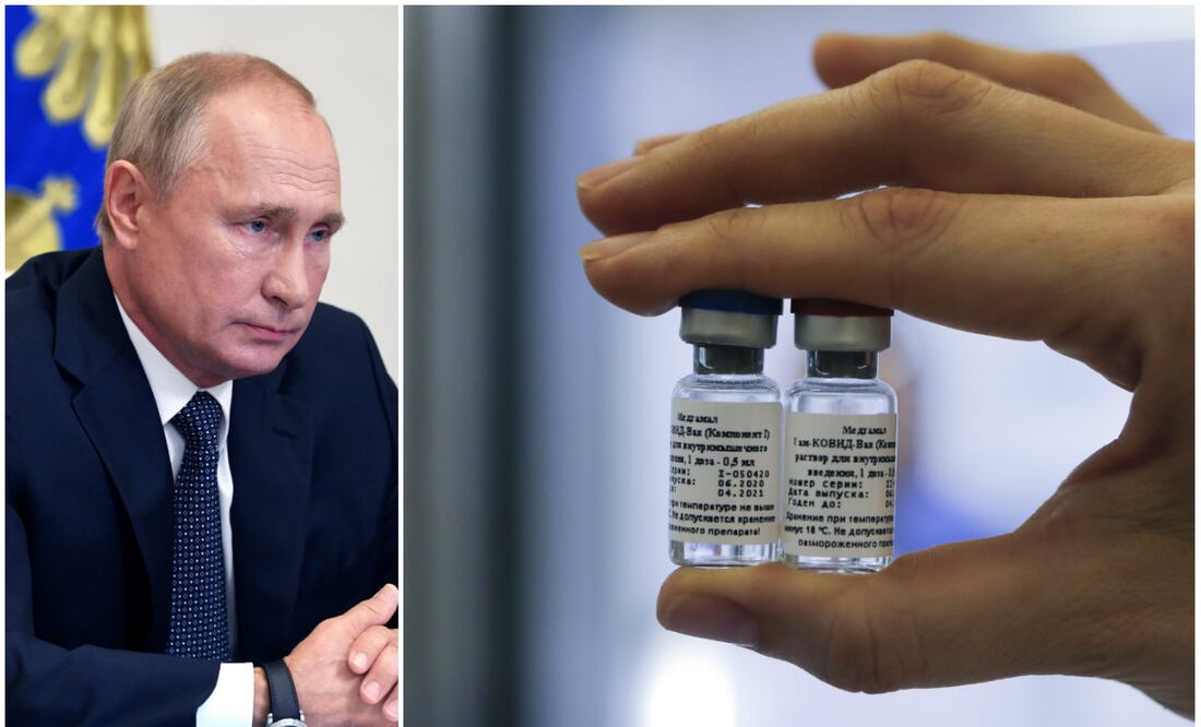 El presidente ruso, Vladimir Putin y la vacuna rusa contra el coronavirus. (Fotos: Alexei Nikolsky, vía AP y Alexander Zemlianichenko Jr/ Russian Direct Investment Fund vía AP)