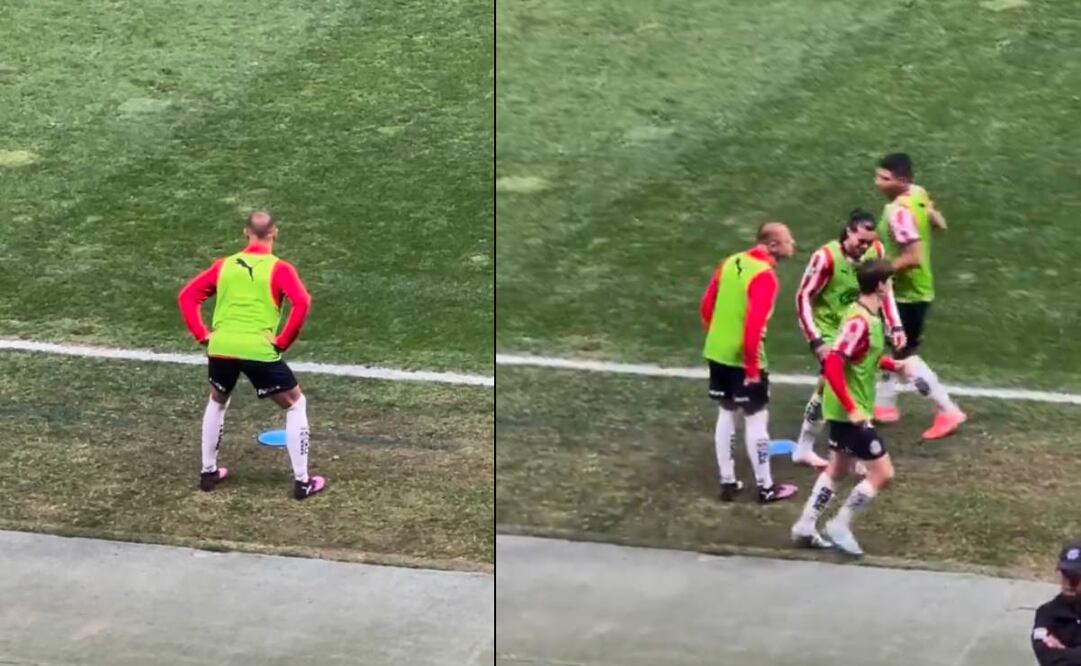 Chicharito Hernández realizó movimiento extraños en un calentamiento con Chivas. Foto: Especial