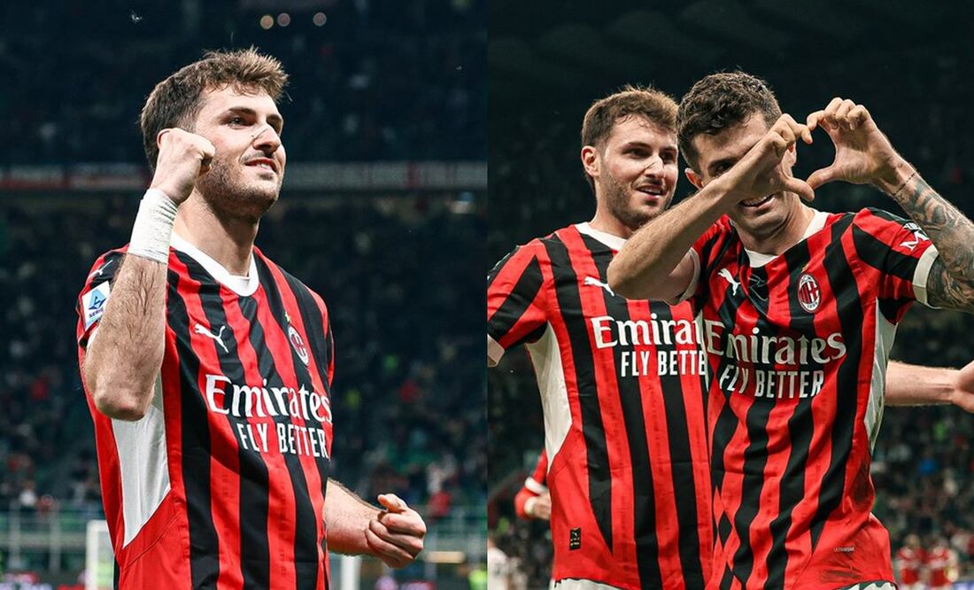 Santiago Giménez en festejo de gol, durante el encuentro entre AC Milan y Bolonia de la Serie A - Foto: @acmilan en X