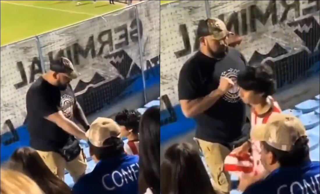 El seudoaficionado de la Jaiba Brava corre de la grada a un niño con la playera de las Chivas. FOTO: Capturas