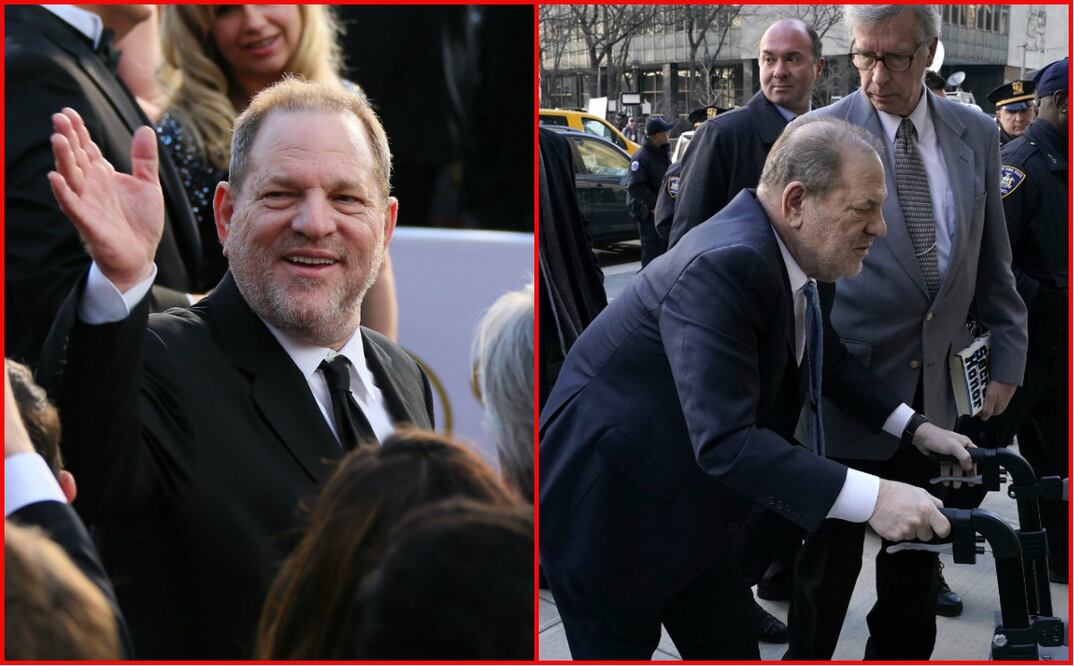 Primera foto tomada el 28 de febrero de 2016, Harvey Weinstein a la alfombra roja para los 88o Oscars en Hollywood (Jean Baptiste Lacroix/ AFP). Segunda imagen Weinstein llegando a la corte este 24 de febrero de 2020 (Timothy A. Clary/ AFP)