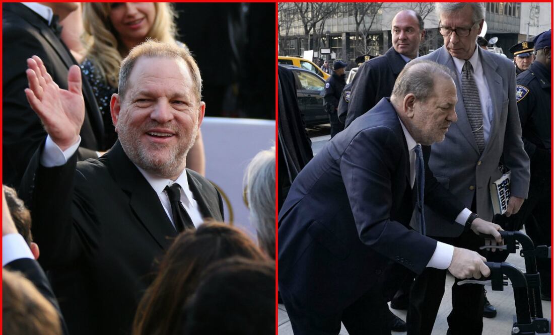 Primera foto tomada el 28 de febrero de 2016, Harvey Weinstein a la alfombra roja para los 88o Oscars en Hollywood (Jean Baptiste Lacroix/ AFP). Segunda imagen Weinstein llegando a la corte este 24 de febrero de 2020 (Timothy A. Clary/ AFP)