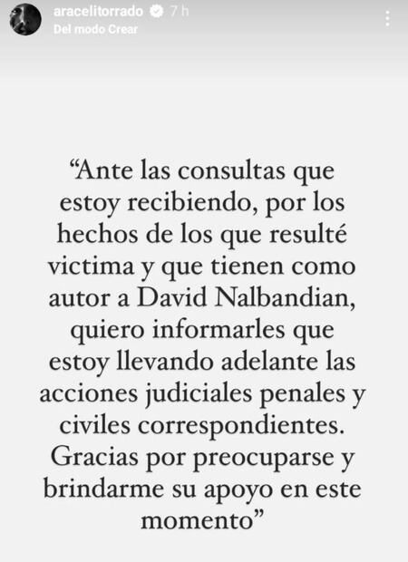 Mensaje de Araceli Torrado sobre las acusaciones a David Nalbandian