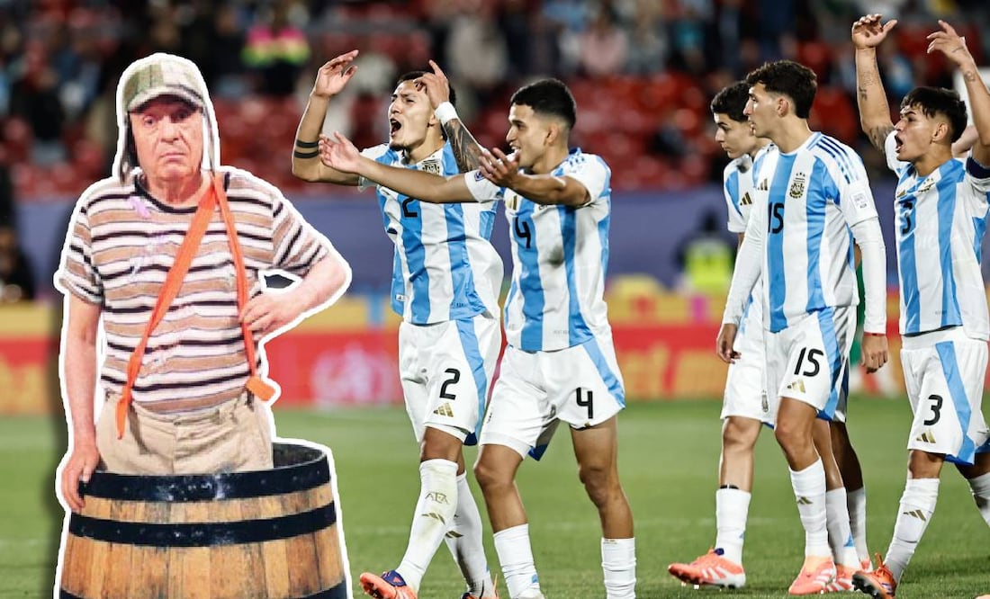 Jugadores de Argentina Sub 20 celebraron el triunfo ante México con el 'Chavo del 8'. FOTO: EFE / Especial